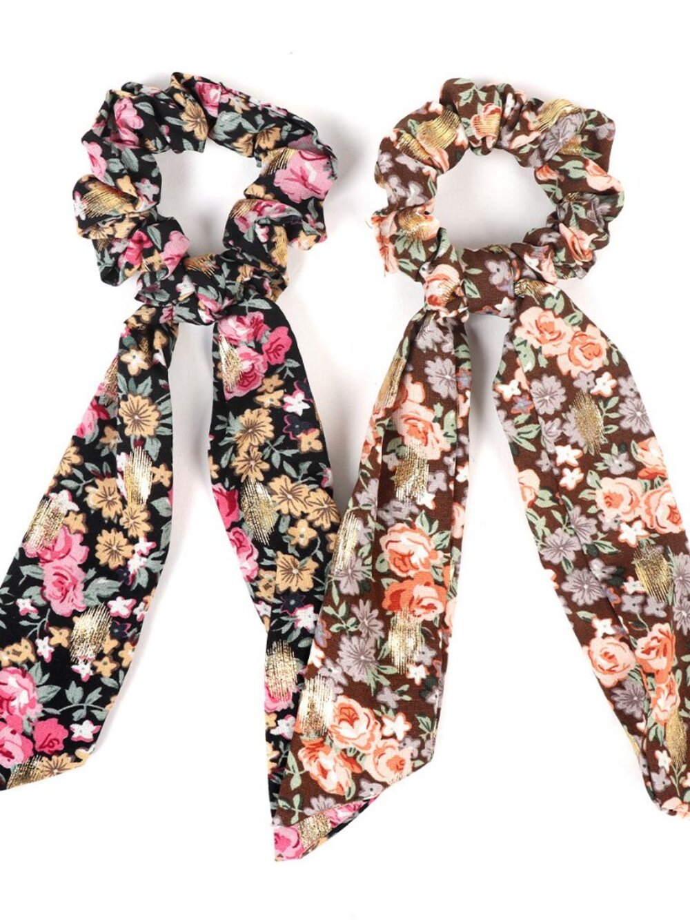 Nollia 2 Sets Floral & Metallic Accents Scrunchies With Matching Hair Ties